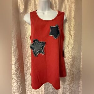 Scarlett Red Sleeveless Tank with Frayed Star Patches